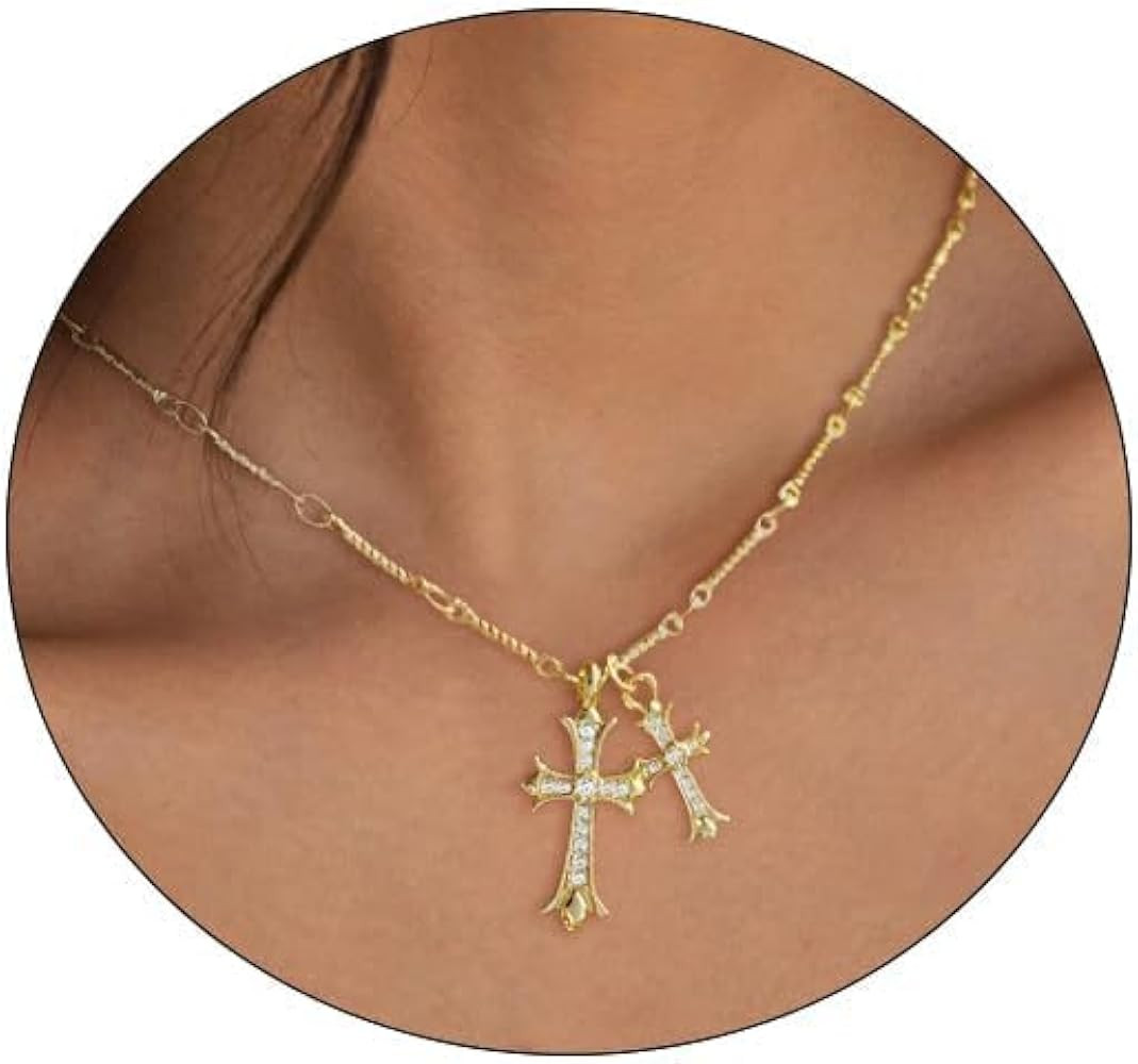 Cross Necklace 14K Gold/Silver Plated Double Cross Pendant Necklace Dainty Diamond Cross Charm Li... | Amazon (US)