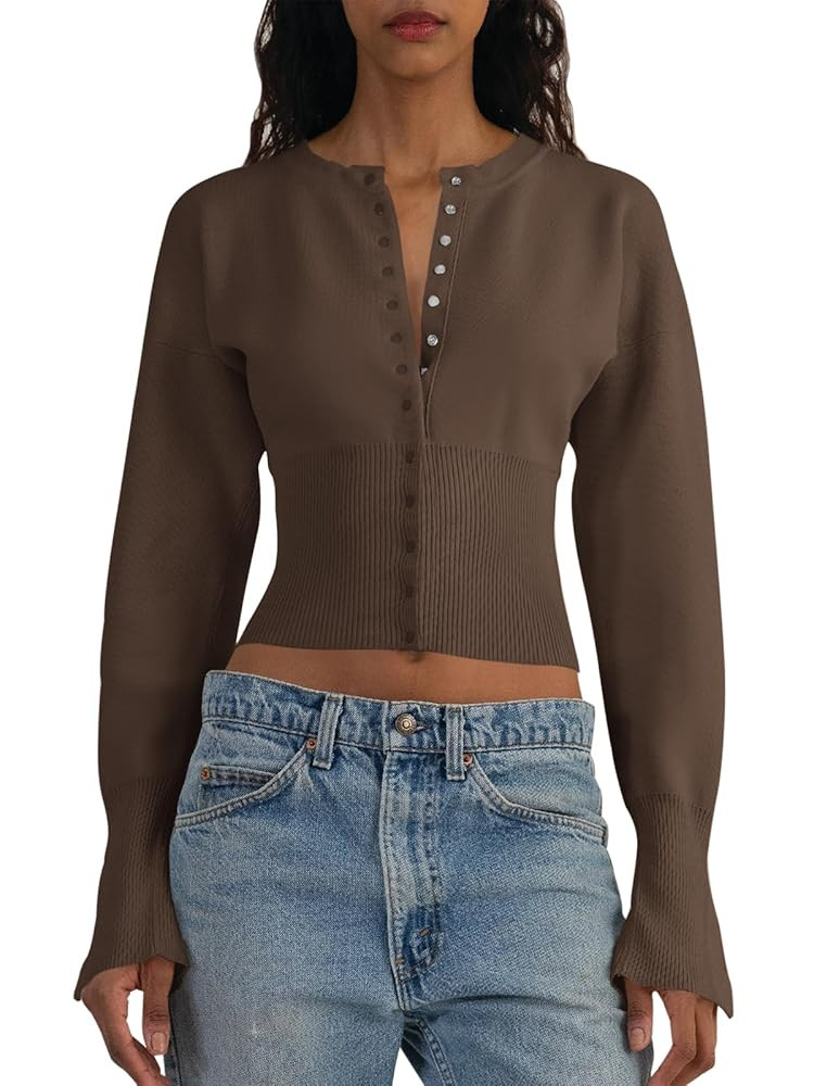Saodimallsu Womens Cropped Sweaters Button Down Long Sleeve V Neck Ribbed Knit Slim Fit Pullover ... | Amazon (US)