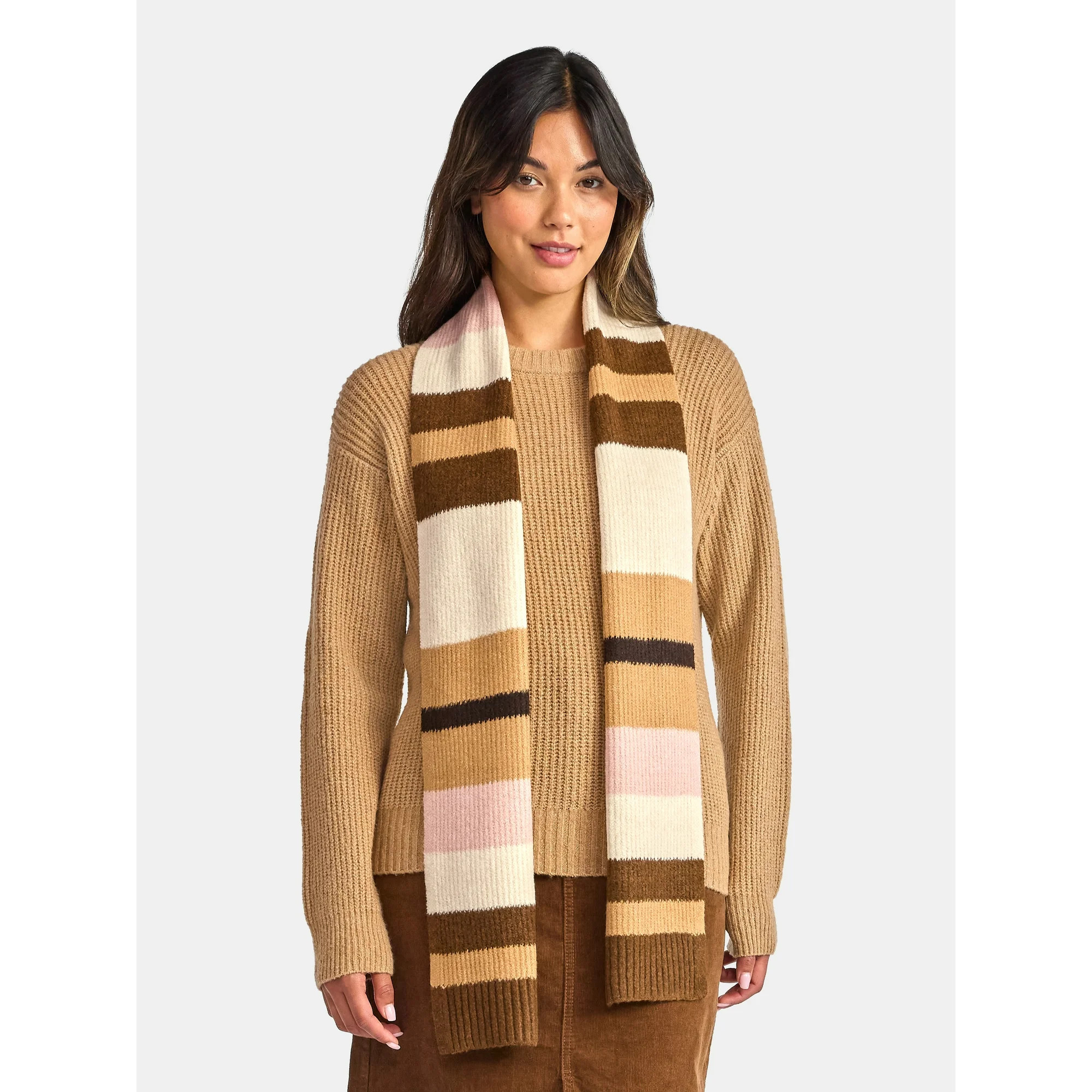 Time and Tru Women's and Women's Plus Ribbed Crewneck Sweater and Stripe Scarf Set, 2-Piece, Size... | Walmart (US)