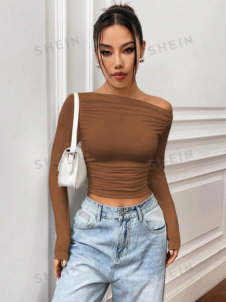 SHEIN ICON Asymmetrical High Neck Long Sleeve Cropped T-Shirt | SHEIN