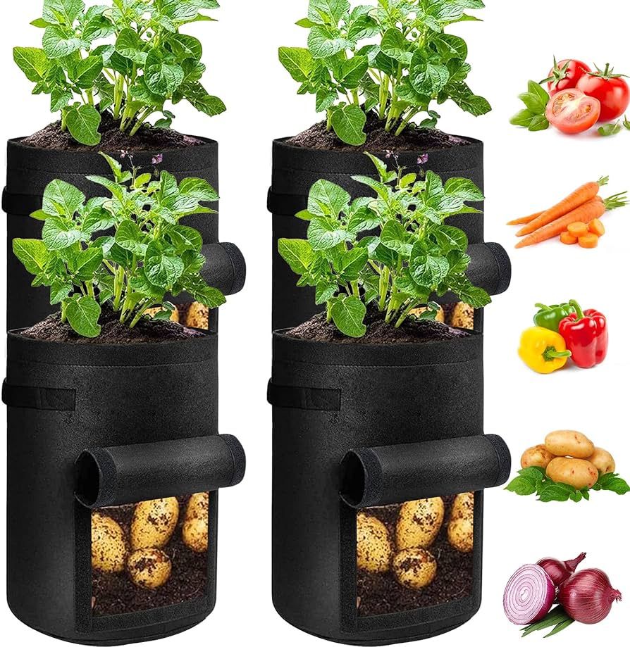 JJGoo 4 Pack Potato Grow Bags 10 Gallon with Flap, Heavy Duty Fabric with Handle and Harvest Wind... | Amazon (US)