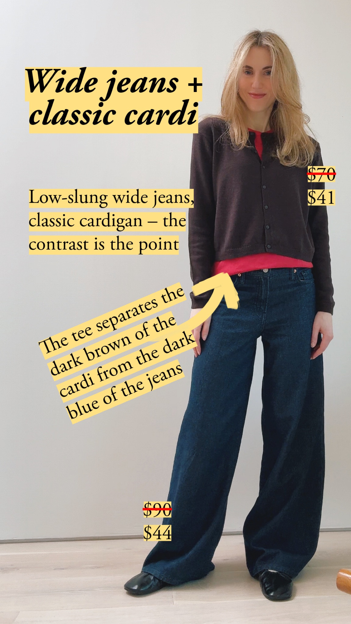 The wide-leg jeans drape in a long clean line thanks to the tencel blend. I sized down so it's more classic than baggy. The cotton cardigan has high armholes and a collar with real substance. What works: the contrast between a classic cardi with 90s slacker jeans. Both currently on sale. I don't recommend the tee I'm wearing. I was just desperate for this color. I'll give you better options here. gap jeans, cotton cardigan, classic cardigan,  summer wardrobe essentials, casual style, what to wear to work


#LTKootd
