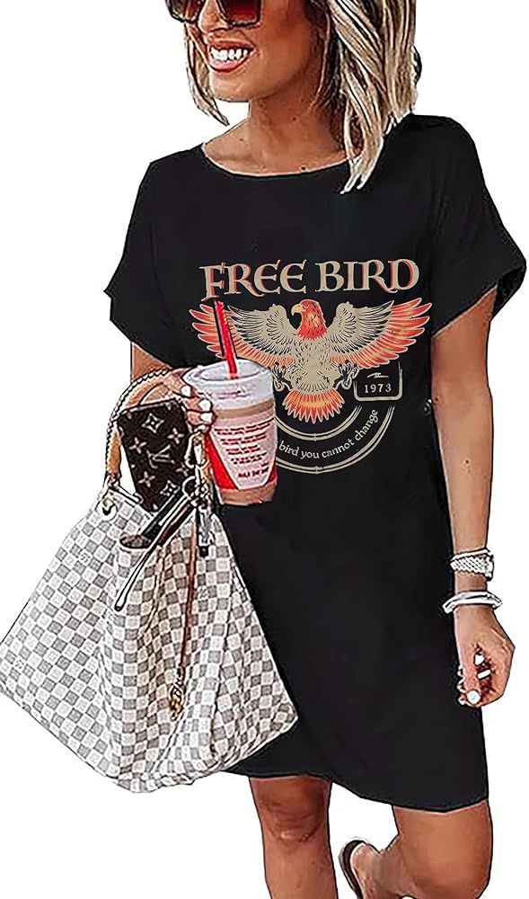 Vintage Rock Country Music Dress for Women Rock Concert Band Graphic Tshirt Casual Letter Print S... | Amazon (US)