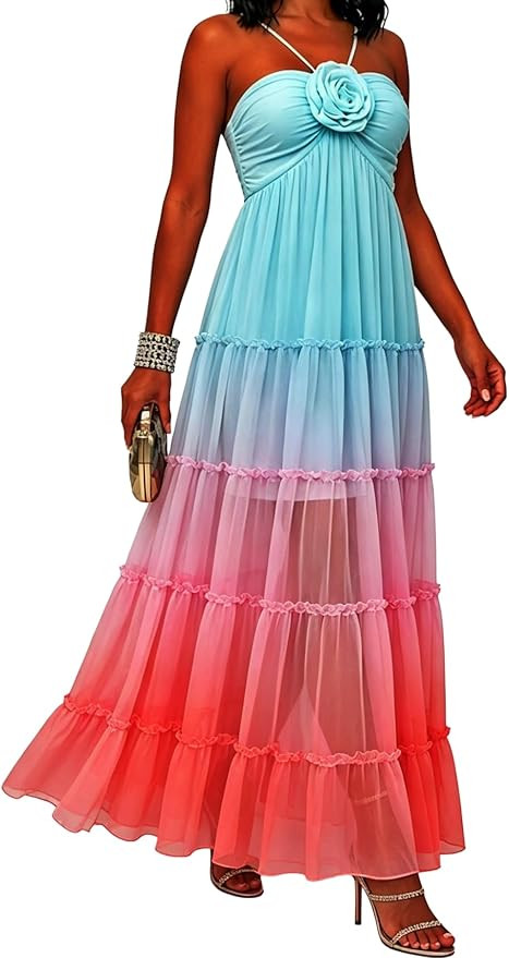 Vaceky Women's Chiffon Tiered Maxi Dress Floral Detail Flowy A-Line Sleeveless Resort Vacation We... | Amazon (US)