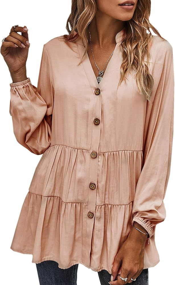 Women Tunic Tops Casual Solid Long Sleeve Ruffle V Neck Button Down Loose Babydoll Shirt Blouse | Amazon (US)