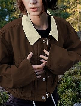 Womens Cropped Jacket Contrast Collar Utility Coat Cargo Jacket Barn Jacket Outwear with Pockets | Amazon (US)
