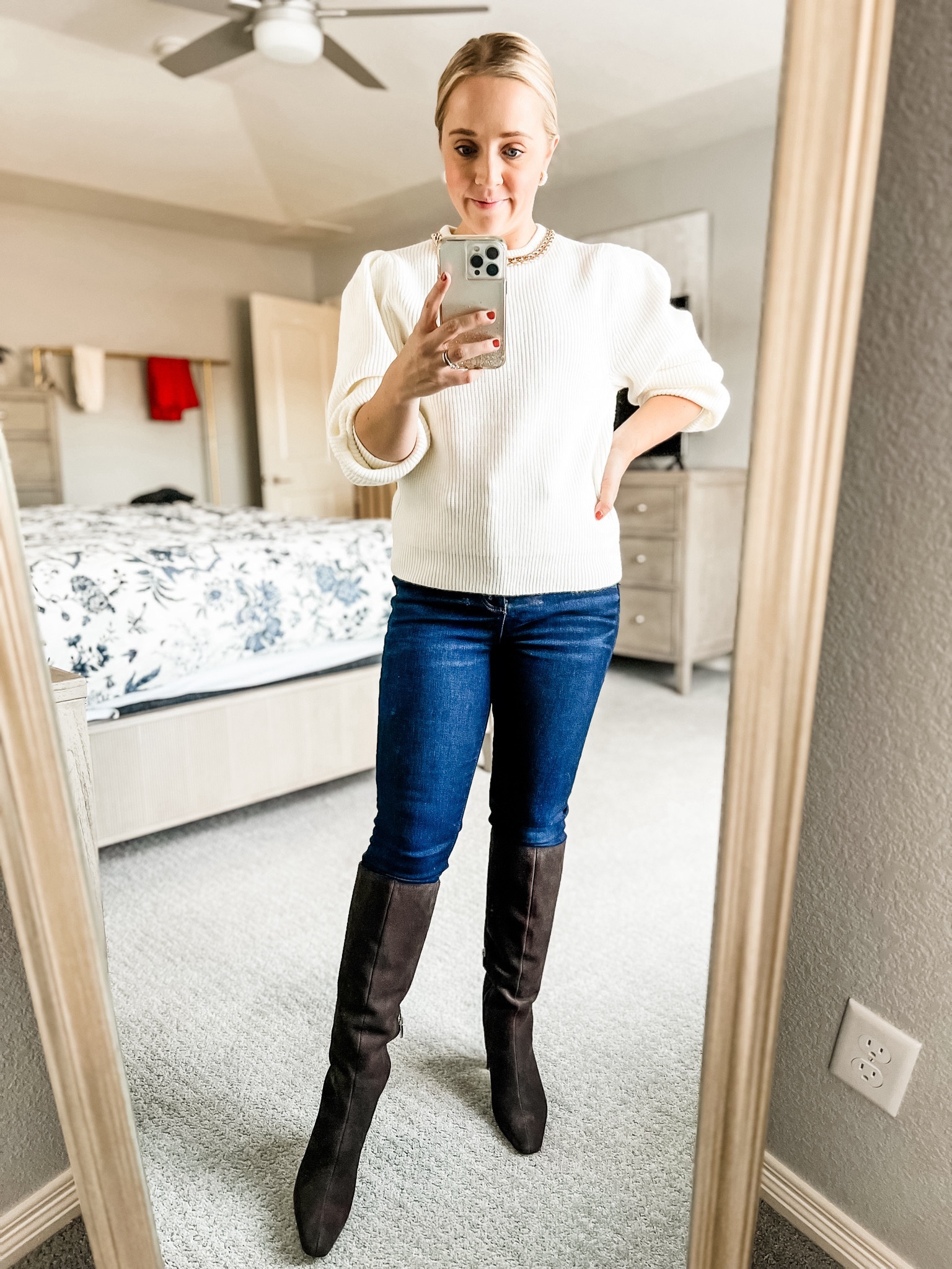 40% off this white sweater and suede boots! Jeans are under $30! Fit TTS. Sweater and boots fit TTS. Petite. Petite jeans. Petite outfit. Knee high boots. Brown boots. Winter outfit. 

#LTKsalealert