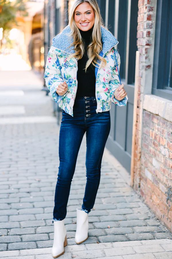 Take You Out Blue Floral Puffer Jacket | The Mint Julep Boutique
