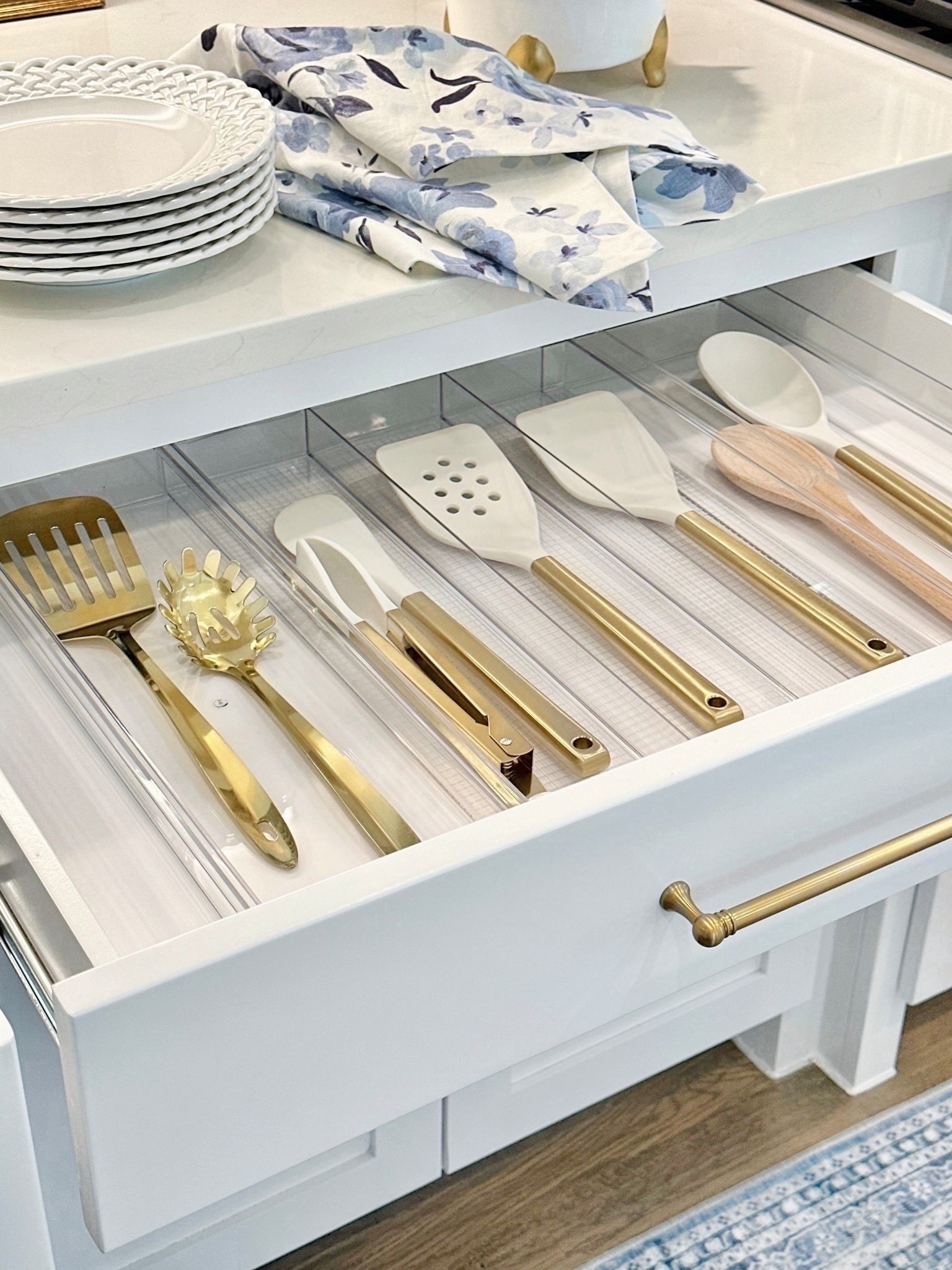 20% off drawer organizers - this expandable organizer is ideal for wide drawers @containerstore #organization spring cleaning kitchen utensil organizer @Target target white and gold cooking utensils  

#LTKHome #LTKSaleAlert