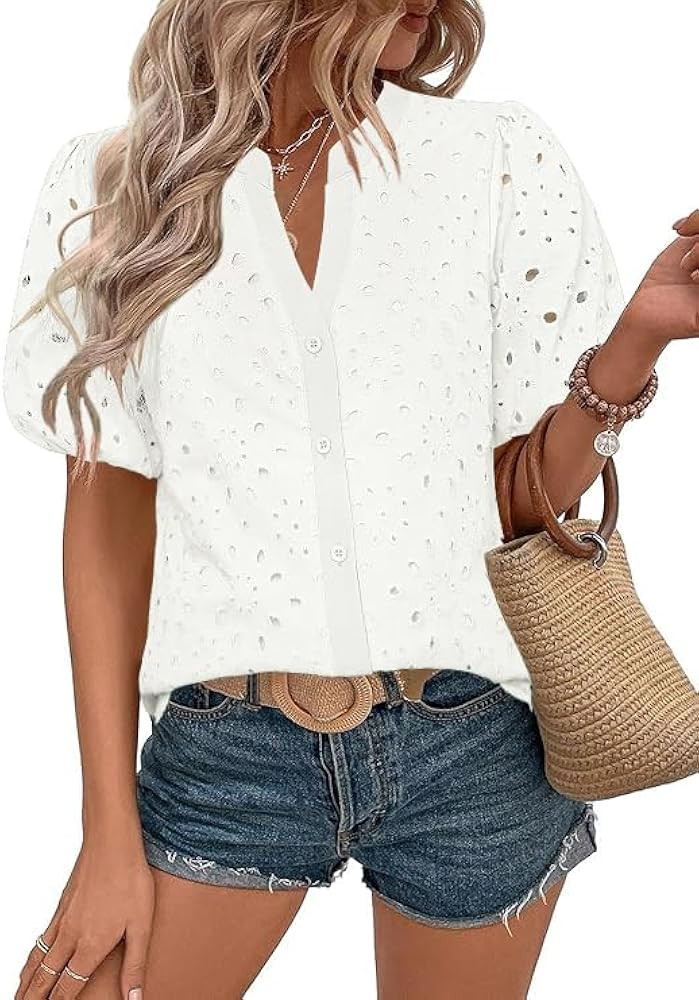 Rapbin Blouses for Women Dressy Casual V Neck Short Sleeve Eyelet Summer Tops Button Down Lace Em... | Amazon (US)