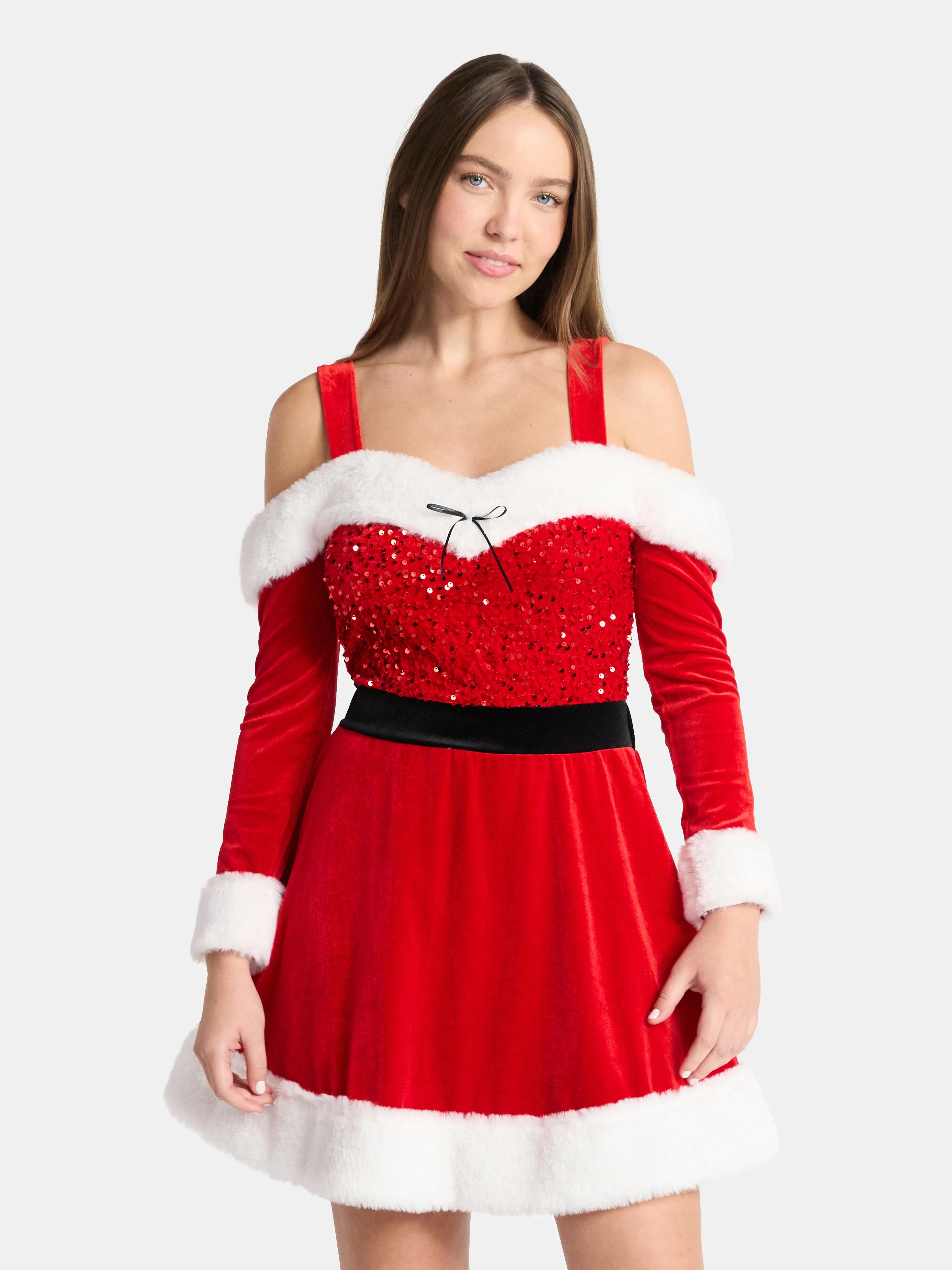 No Boundaries Off The Shoulder Christmas Holiday Dress with Faux Fur, Women’s | Walmart (US)