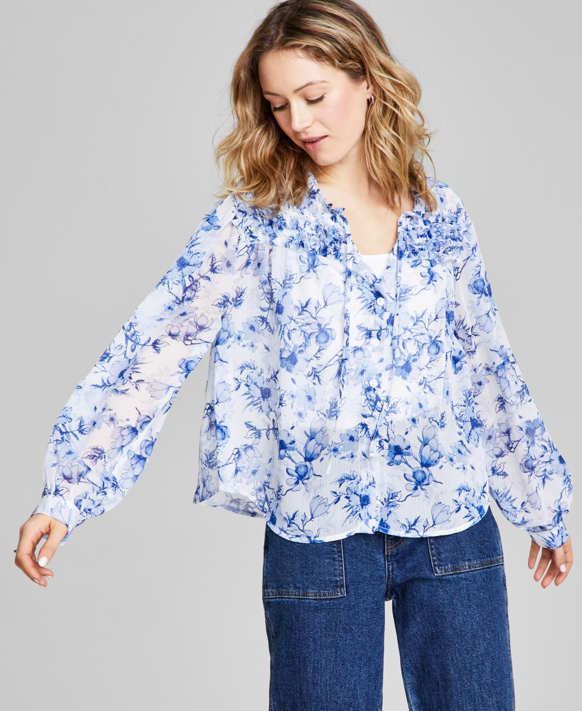 And Now This Women's Floral-Print Button-Front Ruffled Tie-Neck Woven Blouse - Blue Floral | Macy's