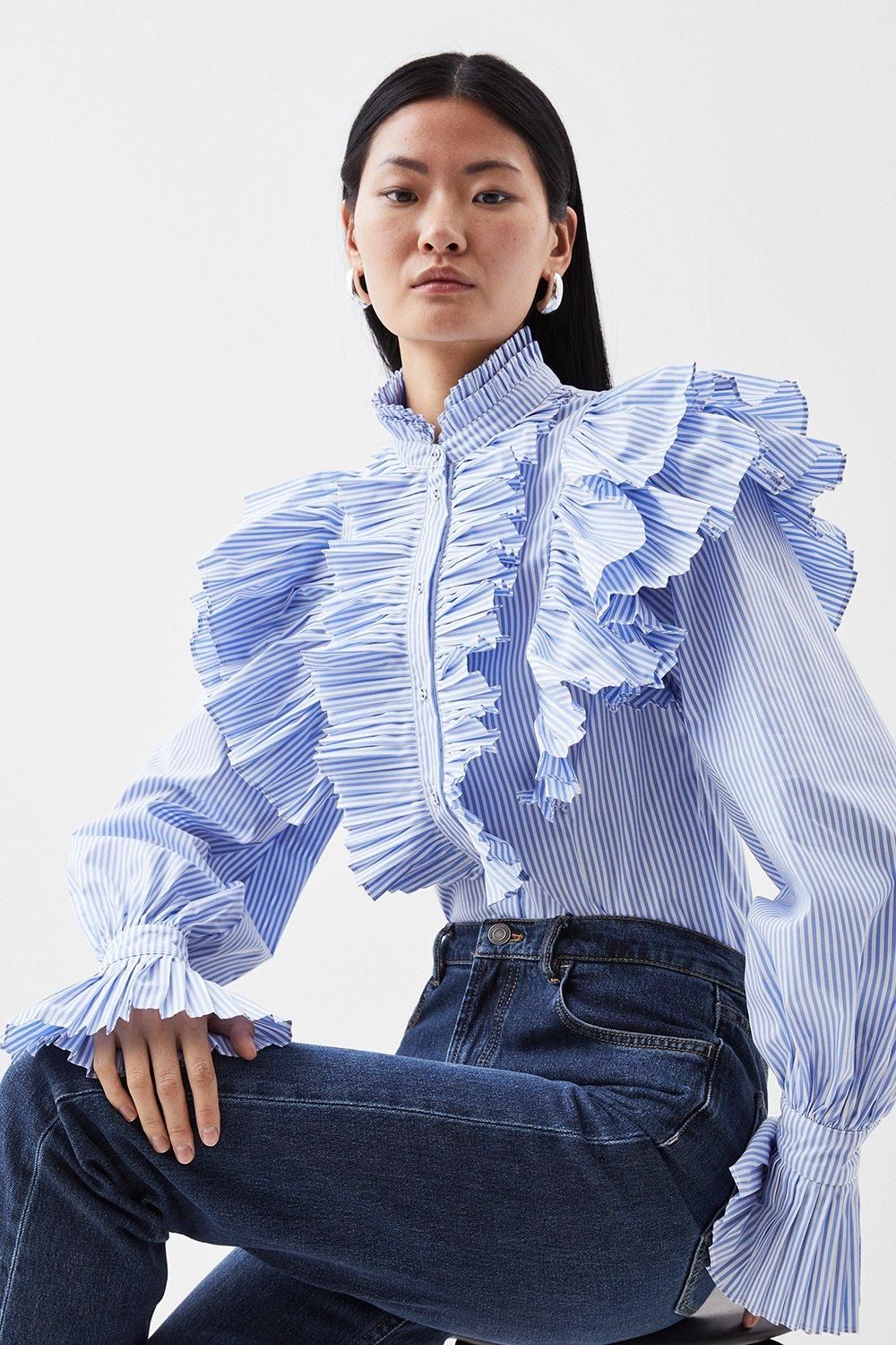 Pleated Striped Ruffle Woven Shirt | Karen Millen UK + IE + DE + NL