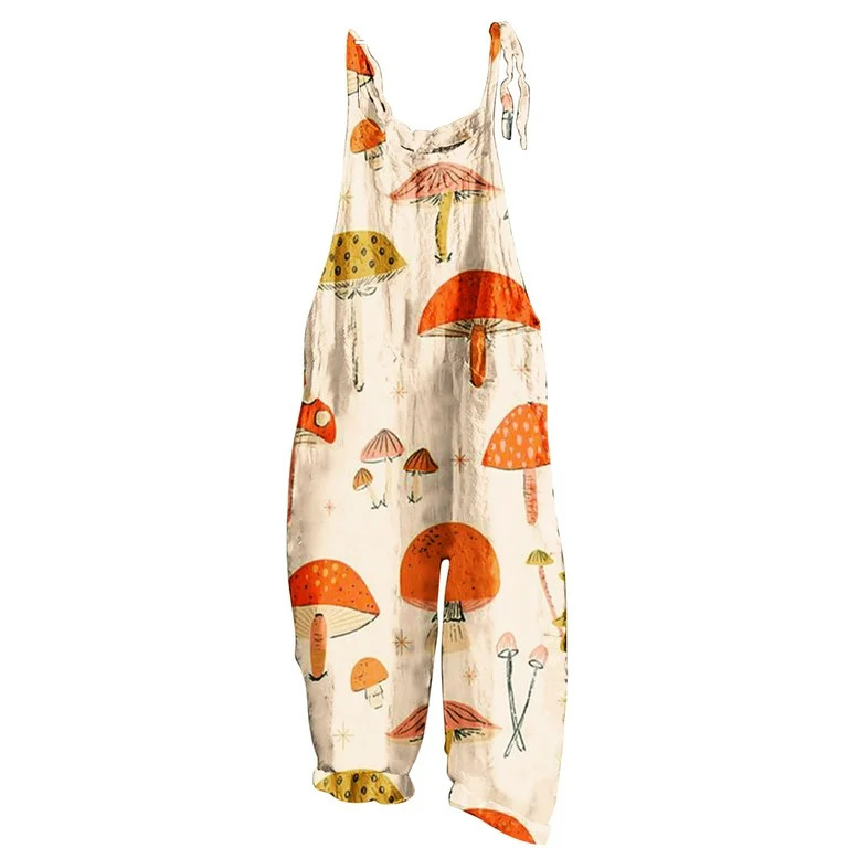 JWZUY Womens Hawaiian Mushroom Print Wide Leg Romper Cotton Linen Bib Overalls Casual Sleeve Spag... | Walmart (US)
