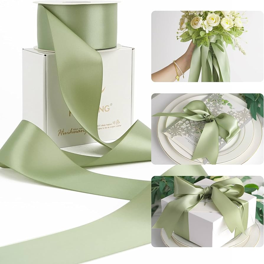 HUIHUANG Sage Green Ribbon 2 inch Double Face Green Satin Ribbon for Flower Bouquet Wrap, Dusty S... | Amazon (US)