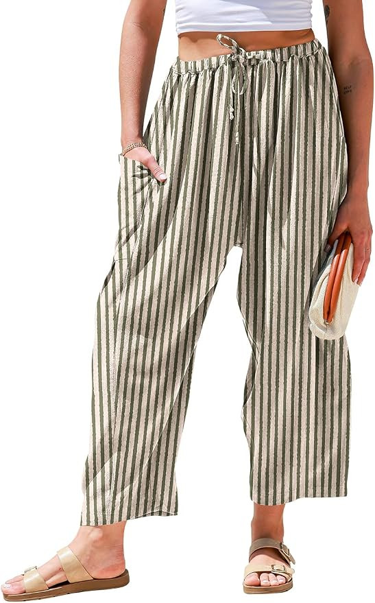 TARSE Womens Wide Leg Linen Pants Casual Loose Baggy Drawstring Summer Beach Travel Vacation Pala... | Amazon (US)