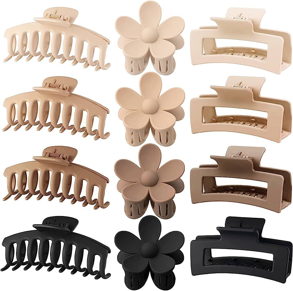 12 Pack Large Hair Claw Clips 4.3 Inch Rectangle Hair Claw Clips Flower Hair Clips for Women Thick Hair, Matte Hair Clip Banana Claws Clips Strong Hold jaw clips, 3 Styles Claw Clips Neutral Colors | Amazon (US)