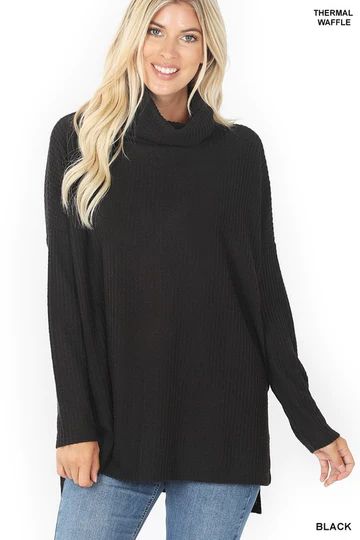 Waffle Knit Brushed Thermal Cowl Neck Sweater | Alexa Reece Boutique