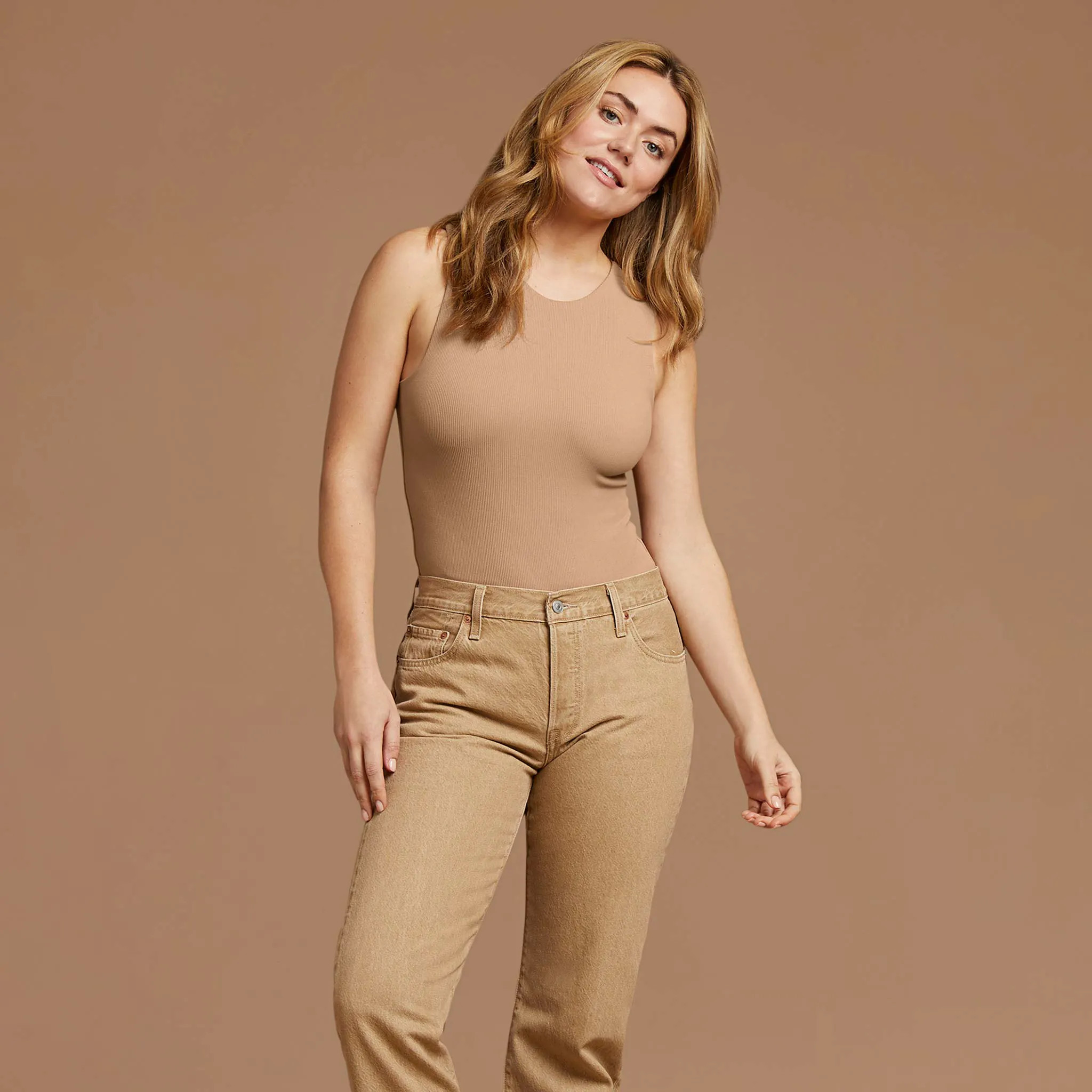 Women's Ribbed Crew Tank Bodysuit - Cinnamon - nuuds | nuuds