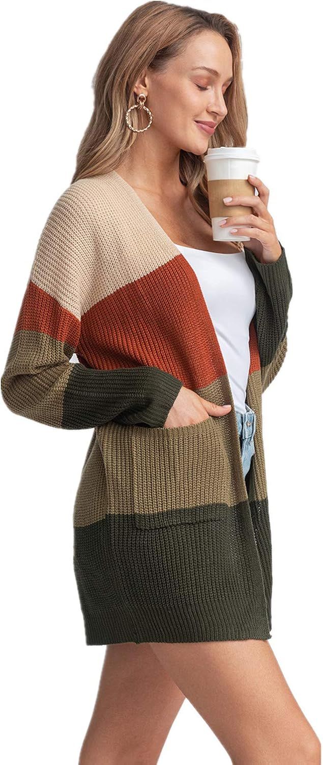 Laraine Womens Color Block Striped Cardigan with Pockets Long Sleeve Open Front Casual Lightweigh... | Amazon (US)