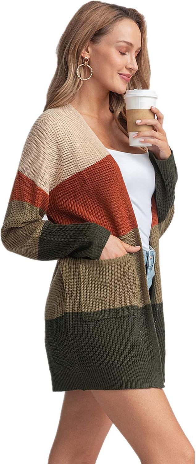 Laraine Womens Color Block Striped Cardigan with Pockets Long Sleeve Open Front Casual Lightweigh... | Amazon (US)