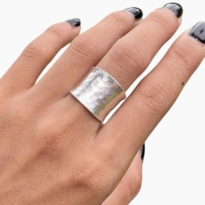 Hammered Sterling Silver Handmade Wide Band Ring, Classic Shiny Finish Wrap Band, Adjustable to S... | Amazon (US)