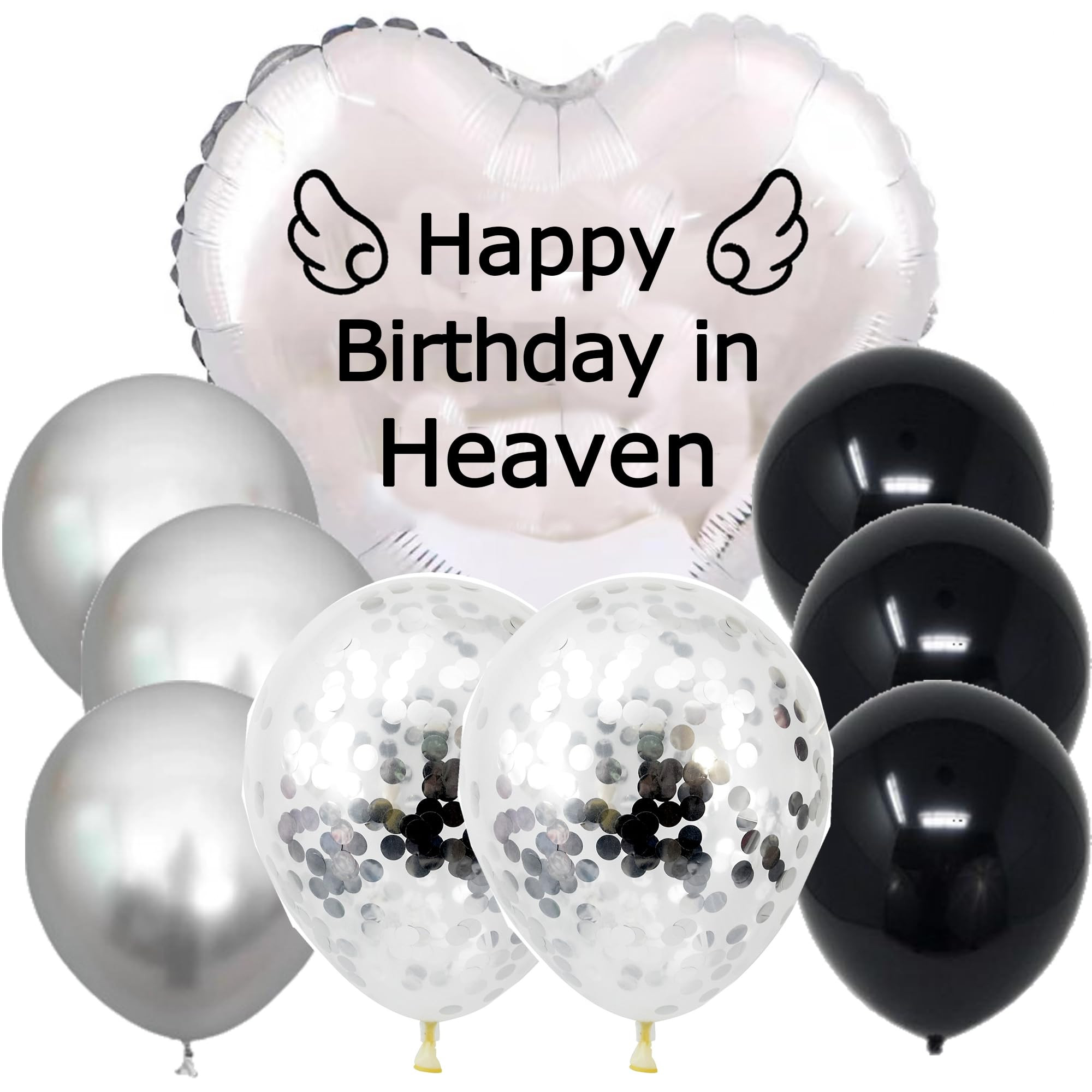 Nine Happy Birthday in Heaven Balloons with String, Silver Balloon Heart-Shaped for Cemetery, Outdoors, Garden Yard, Memorial Grave Markers, Memorial Balloon, Bouquet Topper, Wreath Topper | Amazon (US)
