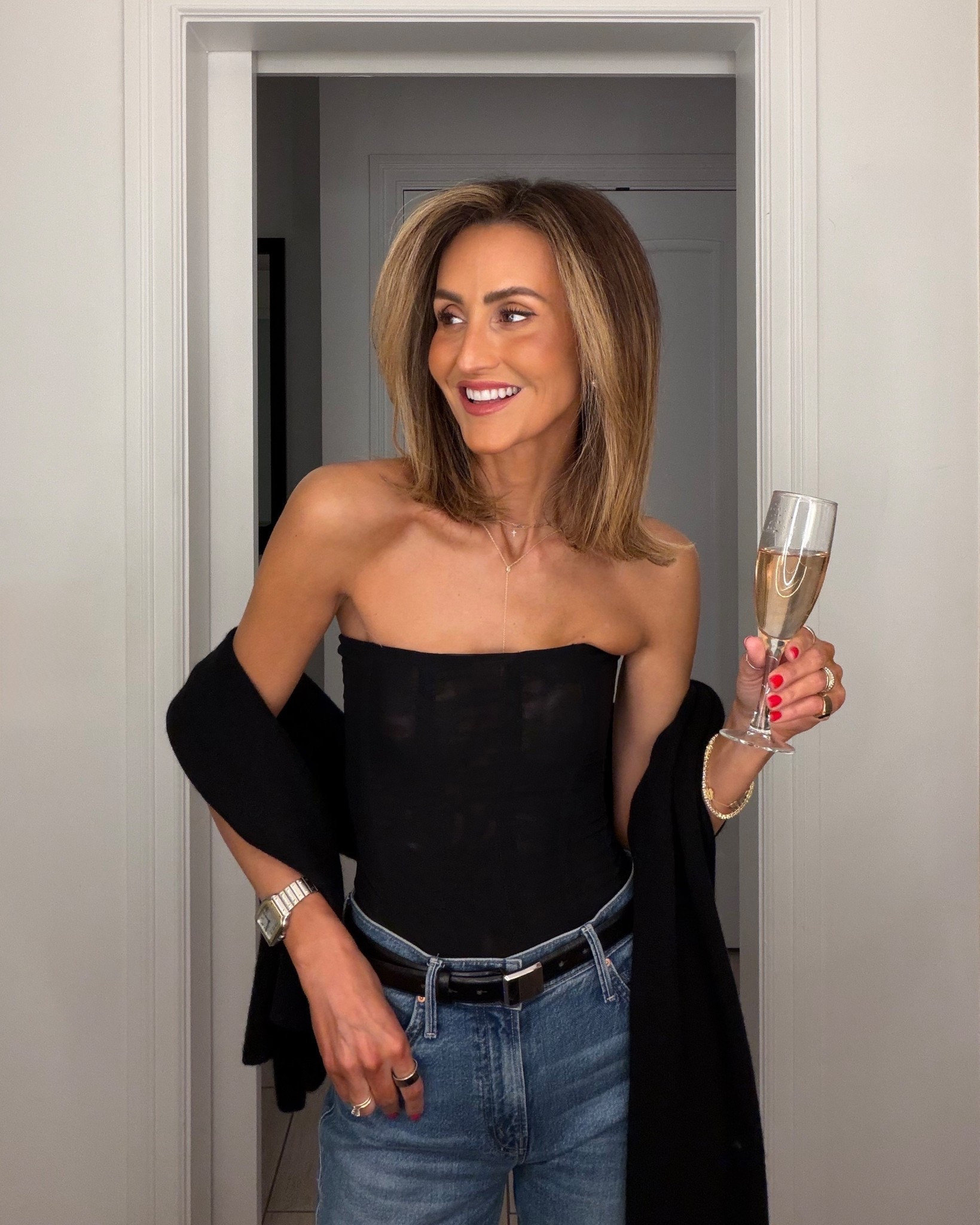 What I wore to dinner! Ended up with the fur jacket but LOVE the scarf chic vibe! 
These are the same jeans I traveled in - so comfy but also dressy enough for dinner! Tts/25 stretchy! 

#LTKootd #LTKgrwm #LTKOver40