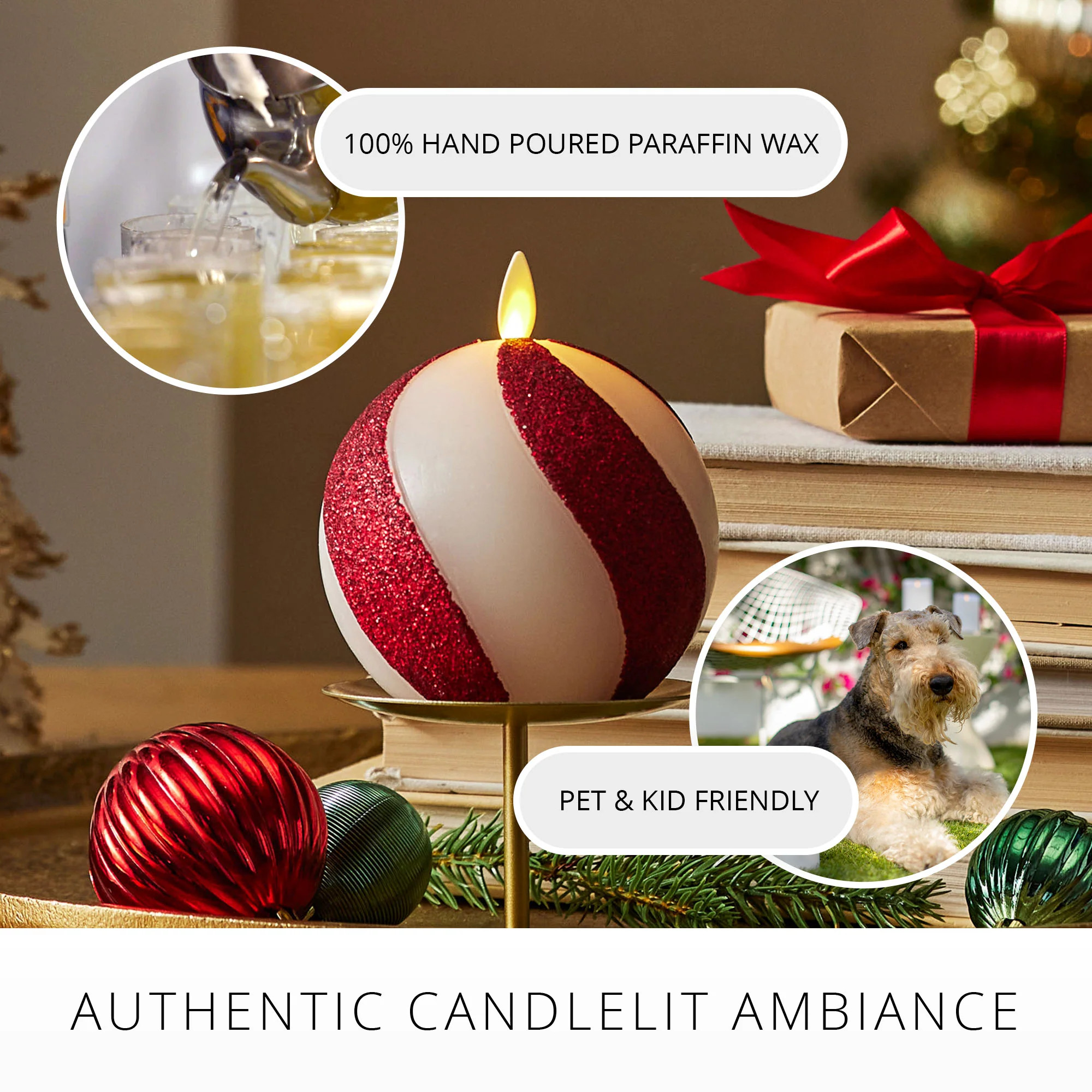 Red Candy Cane Glitter Stripe White Flameless Candle Sphere | Luminara