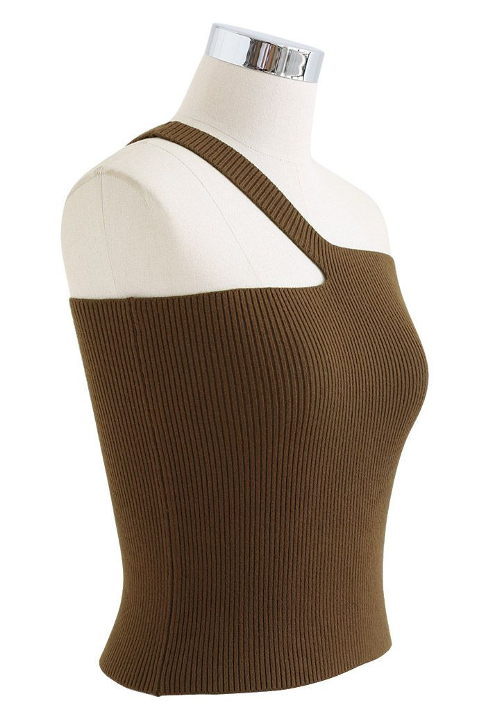 Oblique Shoulder Crop Knit Tank Top in Brown | Chicwish