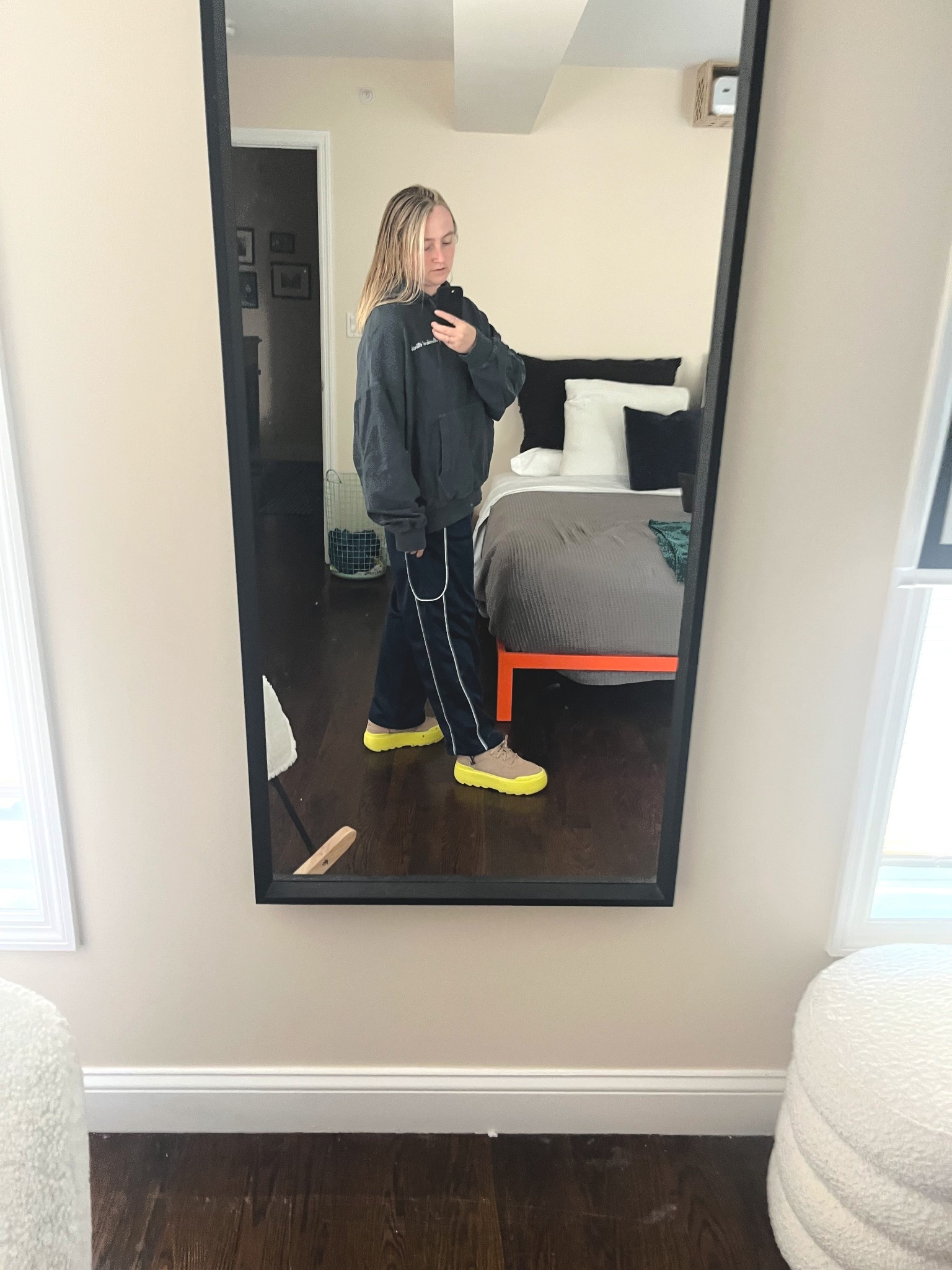 comfy cozy fall ootd ugg platforms minimalist decor pops of color waffle weave blanket master bedroom Sherpa chair Sherpa bench boucle trend track pants mom outfit husband’s oversized hoodie

#LTKSeasonal #LTKHome #LTKActive