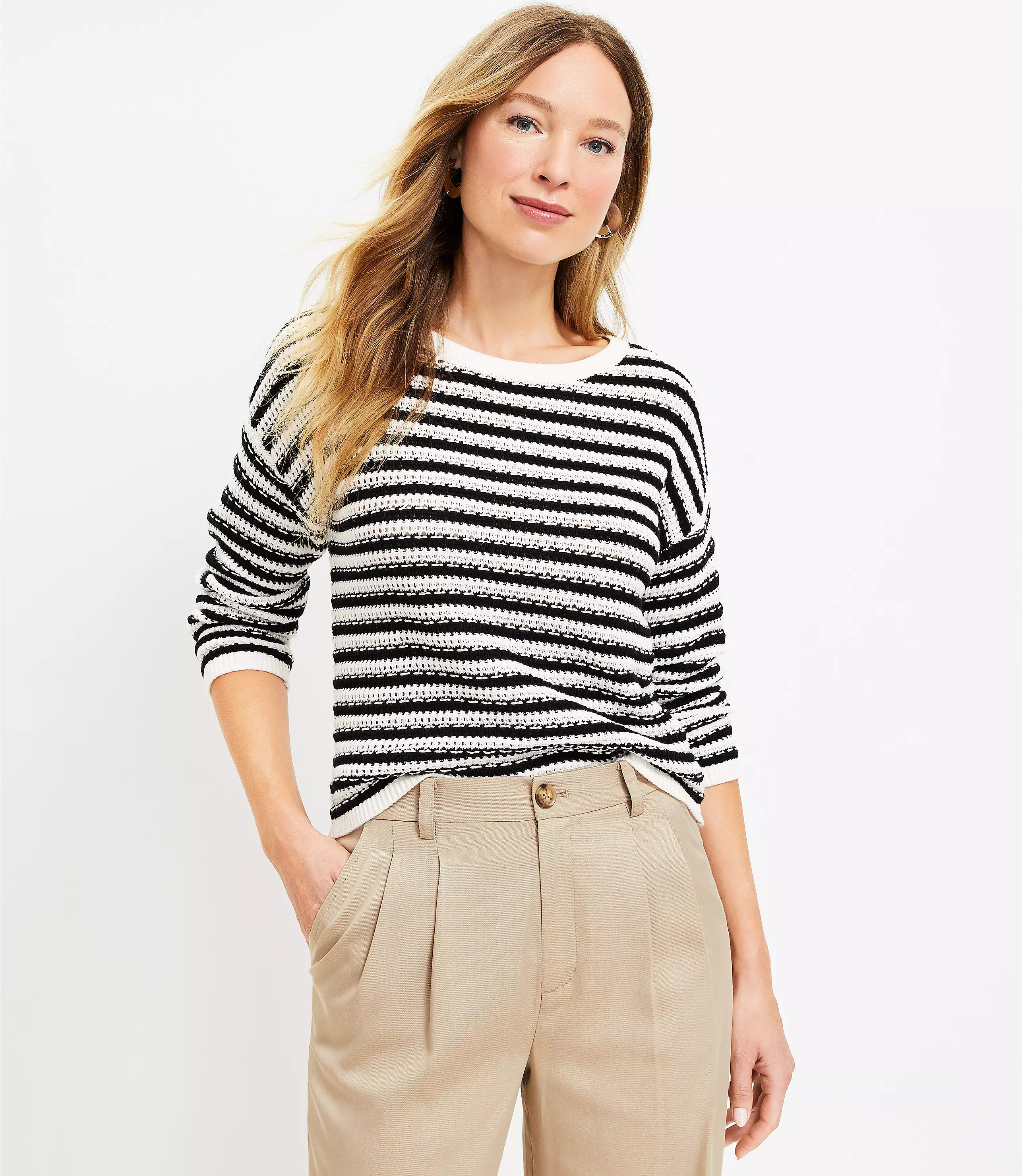 Petite Striped Crochet Sweater | LOFT