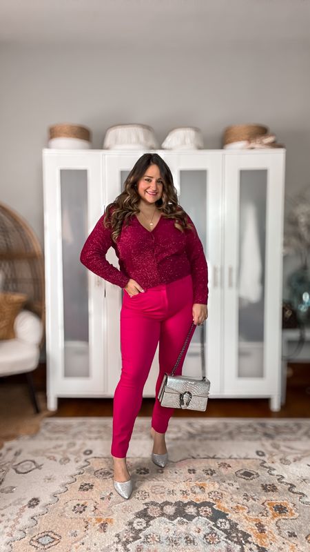 Try a holiday outfit in all pink!

Size up in these cute ankle pants, they’re also great for work!

The cardigan has a slight sparkle to it and is so festive!

I sized up a half size in the silver heels!

Midsize
Curvy
Christmas outfit
Christmas party outfit
Holiday outfit
Hot pink outfit 
Metallic purse
Old navy 

#LTKmidsize #LTKHoliday