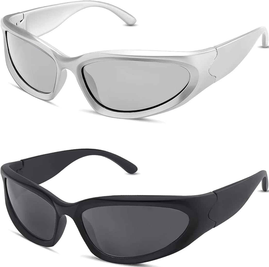 Y2K Wrap Around Fashion Sunglasses Silver Oval Shades Sports Sun Glasses Cyber Aesthetic Eyewear for | Amazon (US)