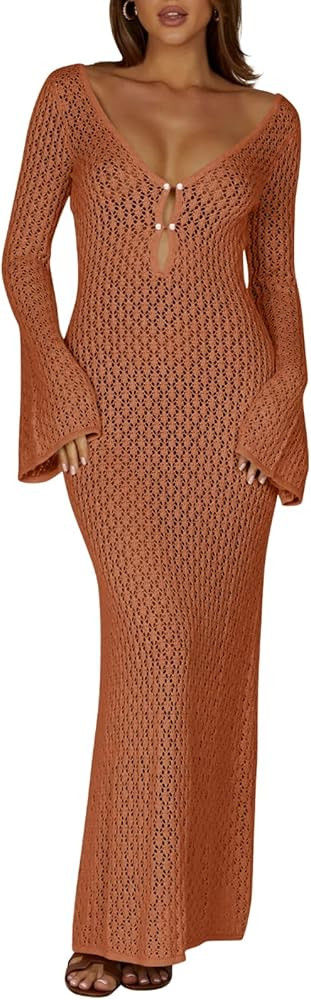 Saodimallsu Womens Crochet Maxi Cover Up Dress Beach Swim Vacation Coverups Long Sleeve Sexy Body... | Amazon (US)