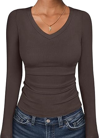 ANRABESS Long Sleeve Shirts for Women V Neck Ribbed Knit Fitted Fall Basic Tshirts Going Out Tops... | Amazon (US)