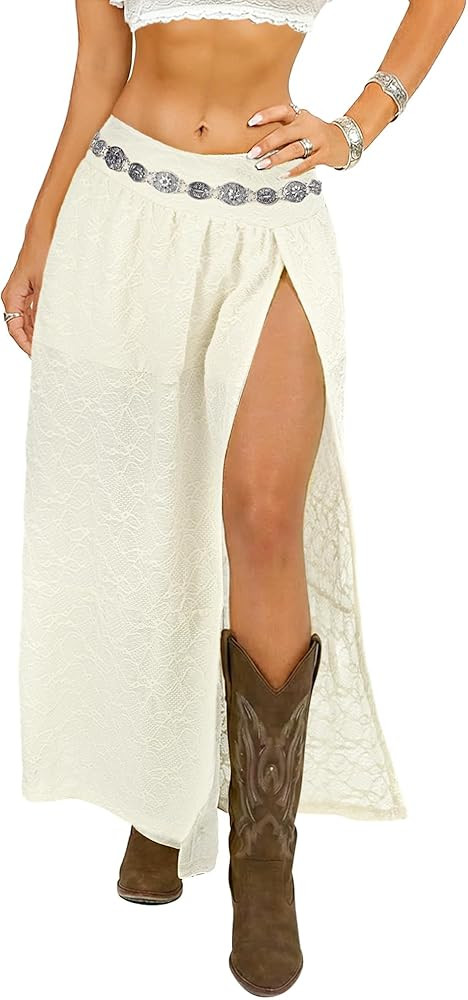 Women's Western Boho Lace Maxi Skirt High Slit Cowgirl Skirts Sexy Beach Skirt Country Concert Ou... | Amazon (US)