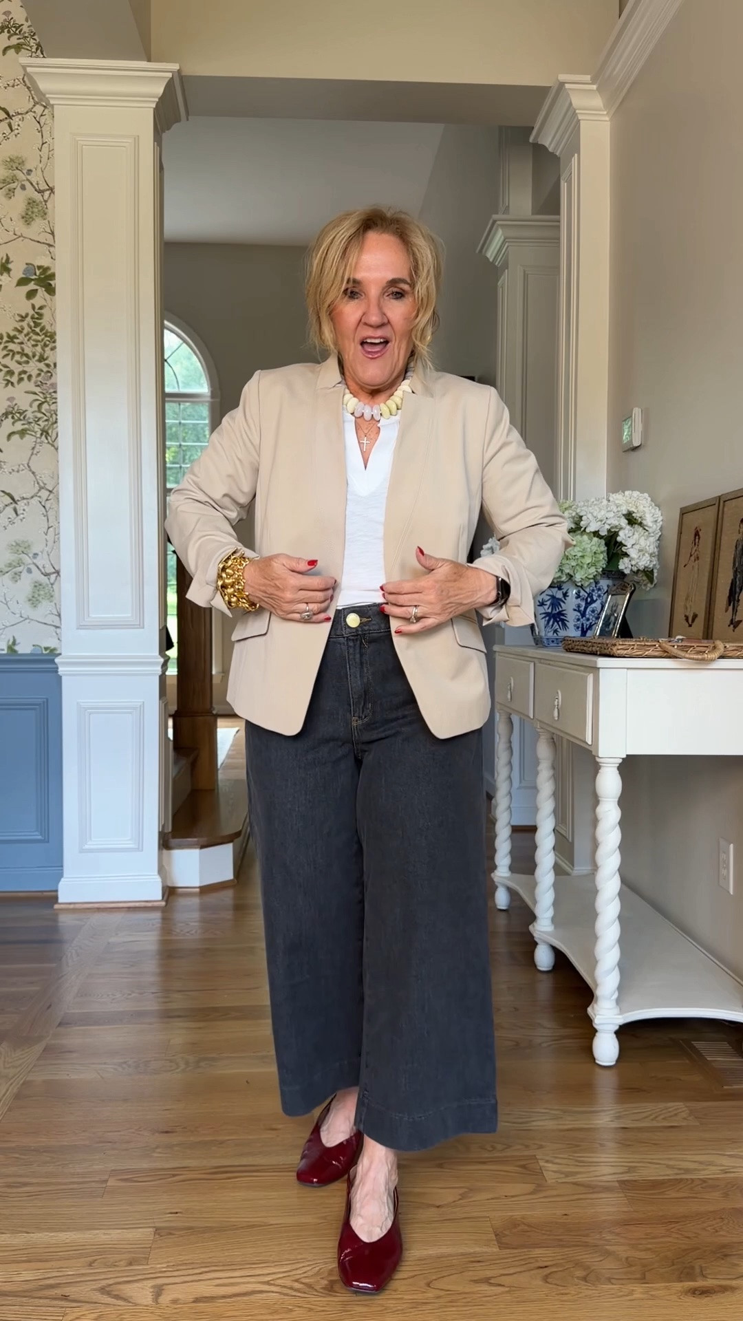 New jeans from democracy denim. They’re super soft and Fit is relaxed, but I love it. These are an appetite. I’ve also linked the regular length.
Blazer is on sale. I’m wearing a size 10. Petite
A Merlot red patent ballet flat was a favorite late last winter, and I’m excited to wear them again. This fall found them fully stocked.

Teacher outfit, business, casual office outfit jeans for work comfortable denim

#LTKOver40 #LTKootd #LTKWorkwear