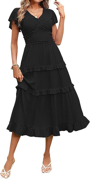 MEROKEETY Womens 2023 Summer Casual V Neck Flutter Sleeve High Waist Ruffle Tiered Midi Dress | Amazon (US)