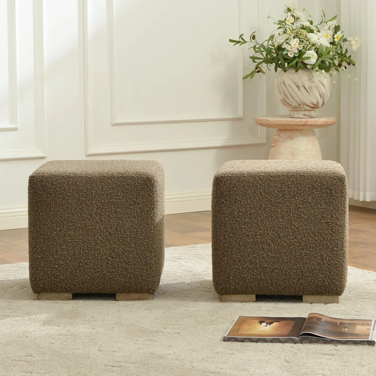 18.5" Wide Modern Square Boucle Upholstered Ottoman Set Of 2 | Wayfair North America