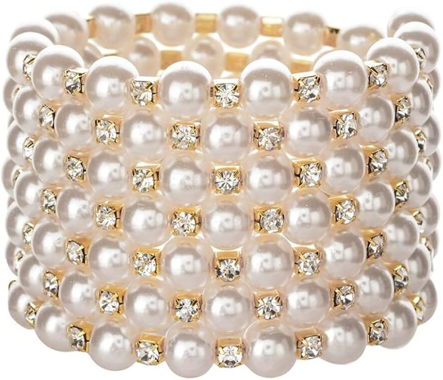 Xerling Multi Row Pearl Bracelets Bling Rhinestones Gold Wrist Bangle Bracelets for Women Layered... | Amazon (US)
