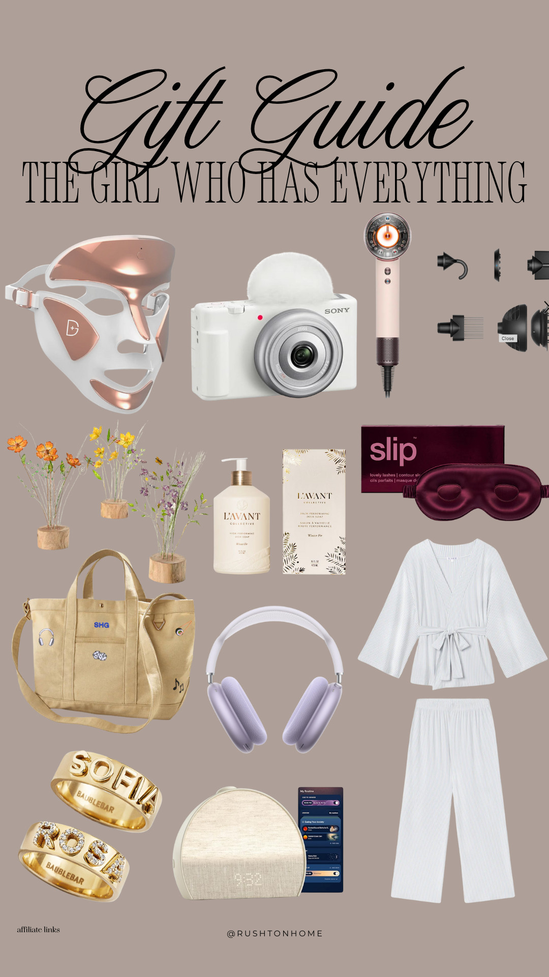 Gift Guide luxury gift ideas for her, gifts for the girl who has everything, amazon luxury gifts, LED mask amazon, sony vlogging camera, dyson airwrap dupe, l’avent hand soap, silk sleep mask slip, personalized tote bag, baublebar rings, apple airpods max, cozy lounge set amazon, hatch alarm clock dupe, aesthetic home gifts 

 #LTKGiftGuide #LTKHoliday #LTKSeasonal