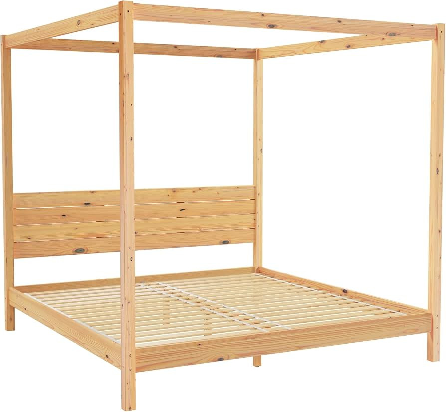 Walker Edison King Minimalist Slatted Headboard Canopy Bedframe, King Size, Natural Pine | Amazon (US)