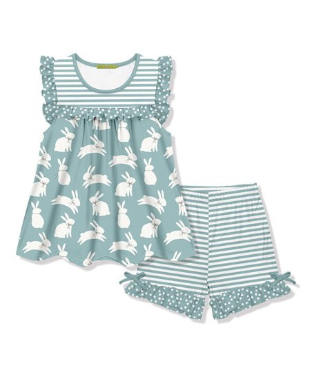 Millie Loves Lily Dusty Green Bunny Fields Ruffle Babydoll Top & Stripe Bow Shorts - Infant, Todd... | Zulily