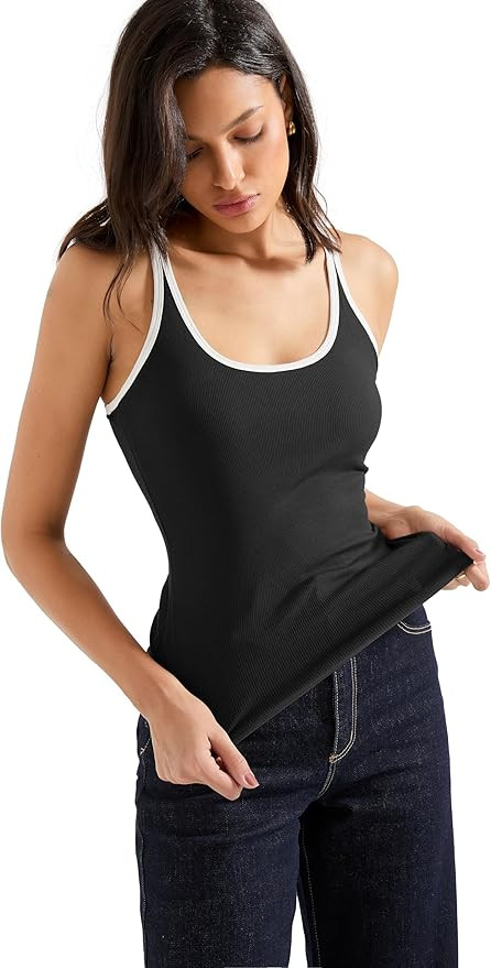 SUUKSESS Women Padded Ribbed Long Tank Tops Summer Going Out Basic Scoop Neck Cami Tops | Amazon (US)