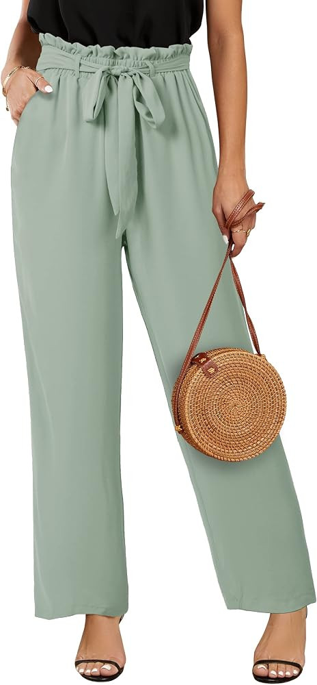 SySea Womens High Waisted Leopard Print Palazzo Pants Belted Wide Leg Long Trousers with Pockets | Amazon (US)