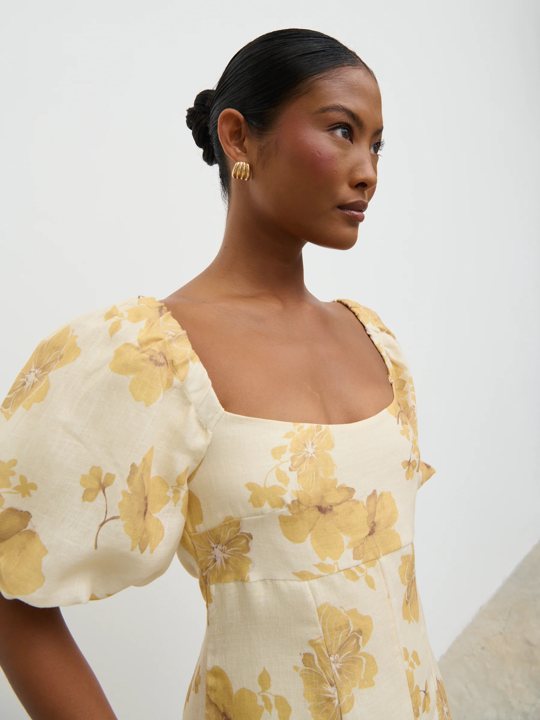Bette Printed Puff Sleeve Midaxi Dress - Yellow Ochre Floral | Pretty Lavish (UK)