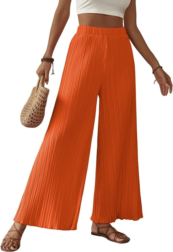 SweatyRocks Women's Boho Elastic Waist Pleated Pants Wide Leg Palazzo Pants Loose Trousers | Amazon (US)