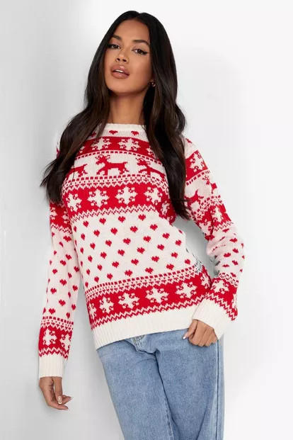 Reindeers And Snowflake Christmas Sweater | Boohoo.com (US & CA)
