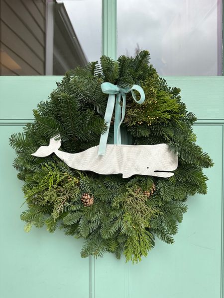 Decorating our coastal cottage front door for Christmas! Whale, similar pine pinecone wreaths, velvet blue ribbon

#LTKhome #LTKSeasonal #LTKHoliday